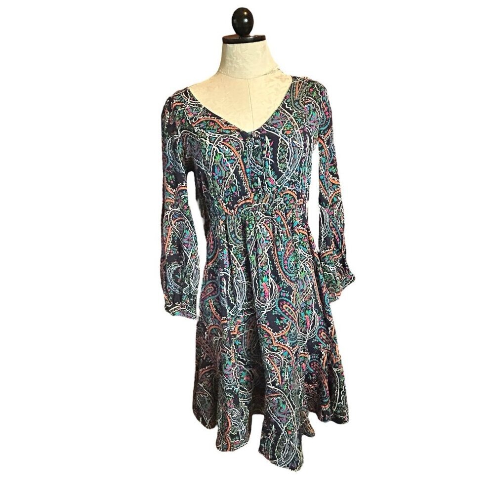Anthropologie Maeve Long Sleeve V-Neck Floral Paisley Colorful dress Boho Sz XS